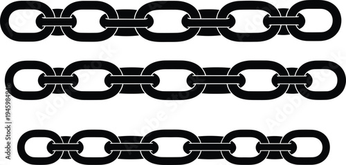 Set of black chain link silhouettes featuring three different lengths of industrial heavy duty steel chains isolated on white background,