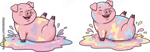 Cartoon pigs playing in colorful mud, joyful animals, multicolored puddles, cute illustration, kids activity, fun, happy, playful, art, farm