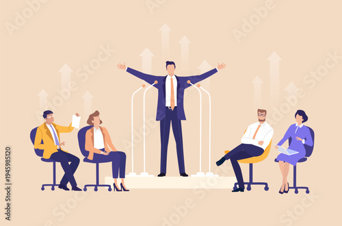 Businessman Speaking with Microphone at Conference. A businessman delivering a presentation with a microphone at a conference, symbolizing public speaking, leadership, corporate communication, profess