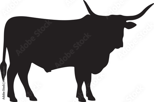 Black silhouette of a bull with large horns, standing profile on white background, image is perfect for themes related