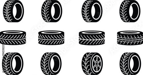 Vehicle tire icon set featuring various rubber wheel tread patterns, automotive tires in different perspectives, and transport wheel silhouette designs.