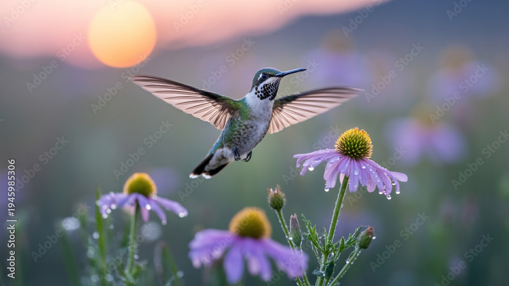 Obraz premium Hummingbird Hovering Over Purple Coneflower at Sunrise in a Dewy Meadow