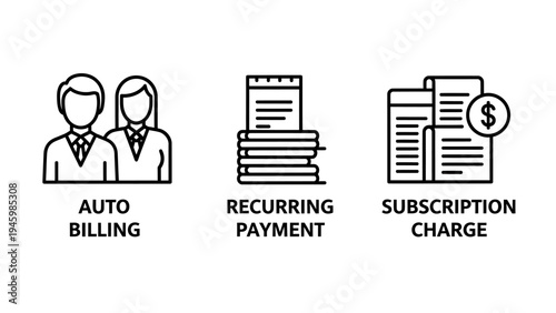 Auto billing, recurring payment, and subscription charge line icons for financial management and business services