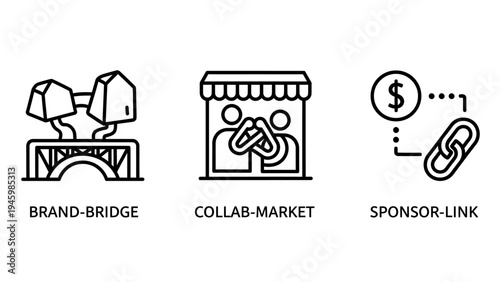 Brand bridge, collaboration market, and sponsor link line icons for business partnerships
