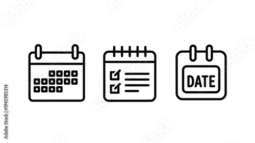 Calendar, to-do list, and date reminder line icons for productivity and task management