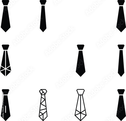 Necktie icon set featuring various formal tie designs, business apparel symbols, professional dress accessories, and geometric patterned neckwear for corporate style.