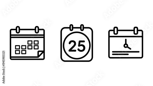 Calendar, date, and event schedule line icons for planning, appointment booking, and time management