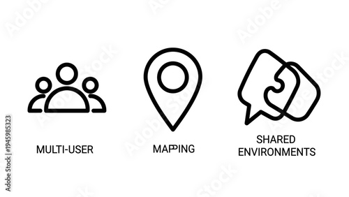 Multi-user, mapping, and shared environments line icons for digital collaboration and location