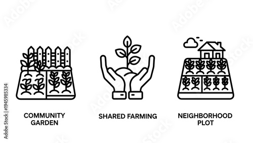 Community garden, shared farming, and neighborhood plot icons - sustainable agriculture concepts