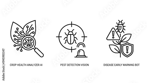 Crop health analyzer AI, pest detection vision, disease warning bot icons - agriculture technology