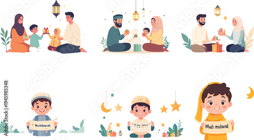 Muslim Family Celebrating Ramadan and Kids with Eid Greetings