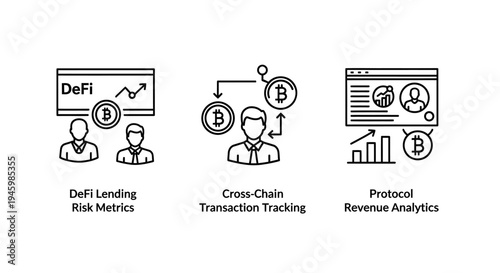 Defi lending risk metrics, cross-chain transaction tracking, protocol revenue analytics icons