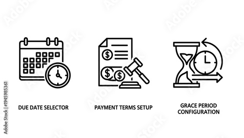 Financial management icons: due dates, payment terms, grace periods. business calendar, legal document, time management symbols vector illustration