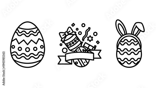 Festive easter eggs line art collection: decorated bunny eggs with confetti and bows. holiday celebration design elements vector illustration