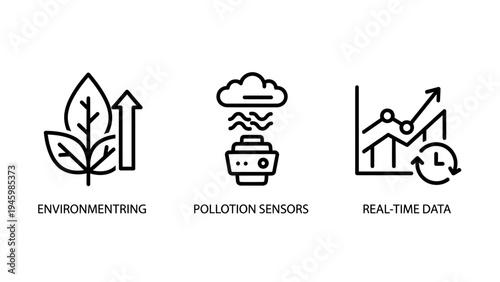 Environmental monitoring and data icons: green growth, pollution sensors, real-time analytics. sustainability and eco-friendly technology vector art