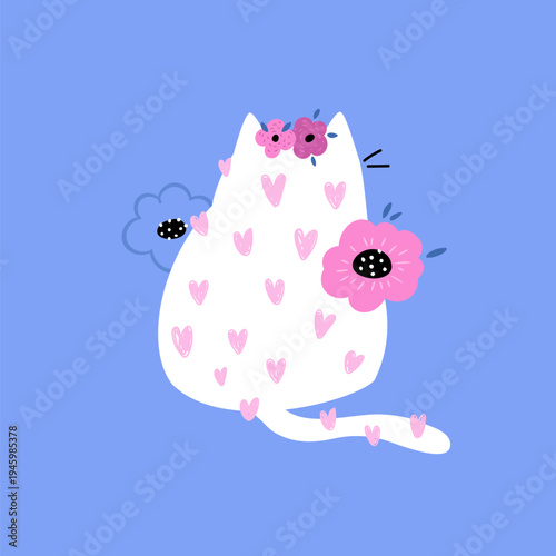 Cute hand-drawn cat with hearts and flowers vector illustration.