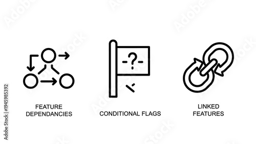 Feature management icons: dependencies, conditional flags, linked system features. software logic and interconnection vector art