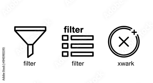 Filter and sort interface icons: funnel, list, and close UI elements for data management and search applications