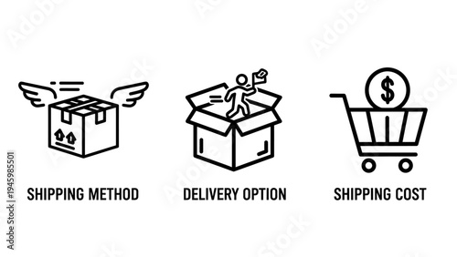 E-commerce logistics icons: shipping method, delivery option, and cost calculation for online retail, e commerce