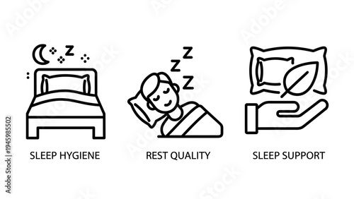 Healthy sleep and rest icons: sleep hygiene, quality of rest, and supportive aid for wellness
