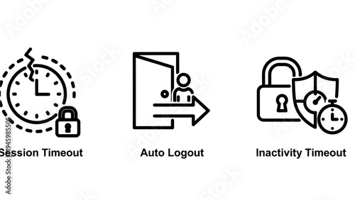 User session management icons: session timeout, automatic logout, and inactivity security measures