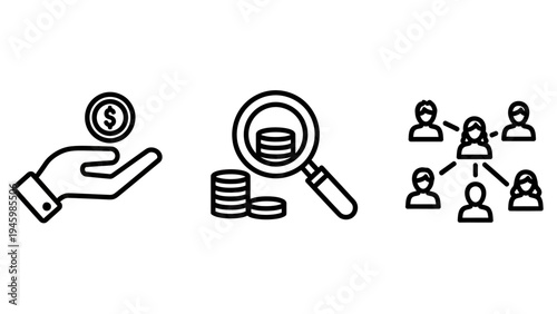 Financial management and investment icons: earning money, analyzing funds, and building a network