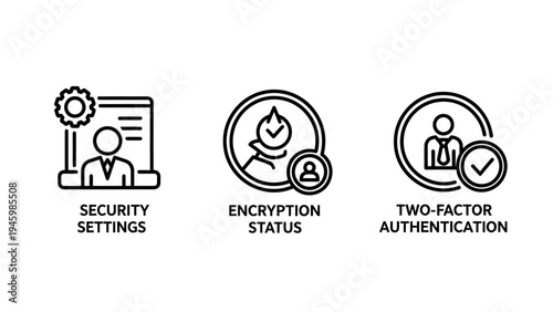 Cybersecurity and user authentication icons: security settings, encryption status, and two-factor login