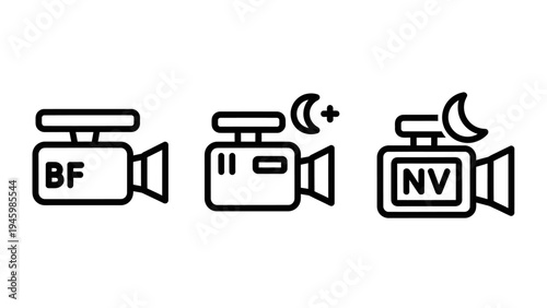 Camera and night vision modes icons set - filming, recording, and surveillance technology line art