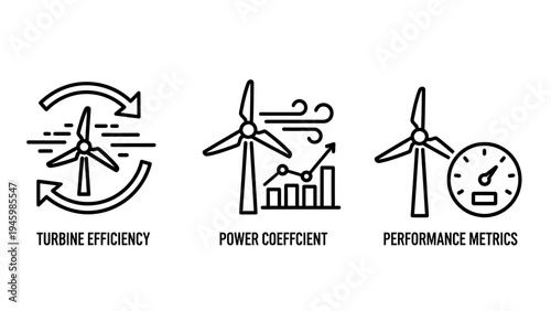 Wind energy and turbine performance icons set - renewable power efficiency metrics line art
