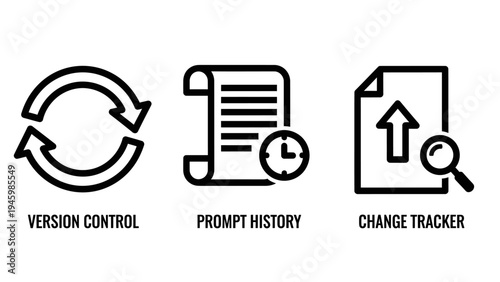 Version control, document history, and change tracking icons - data management system line art set