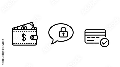 Secure online transactions and digital payment systems icons set: wallet, credit card, and security lock for financial protection