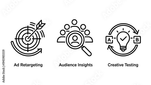 Digital marketing and advertising strategy icon set: ad retargeting, audience insights, and creative testing for business growth