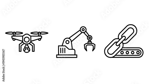 Advanced technology and industrial automation icon set: drone, robotic arm, and blockchain chain link symbols for modern systems