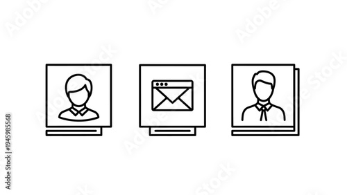 Digital user profiles and communication icon set: single user, email messaging, and multiple users for online interaction