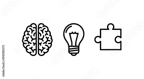 Intellectual development and creative thinking icon set: human brain, lightbulb idea, and puzzle piece for problem solving concepts