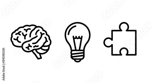 Creative thinking process icons: brain, idea lightbulb, and puzzle piece symbols for problem solving & innovation