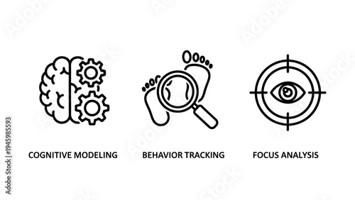 Cognitive behavior icons: brain, tracking footprints, and focus analysis for psychology, AI & marketing research