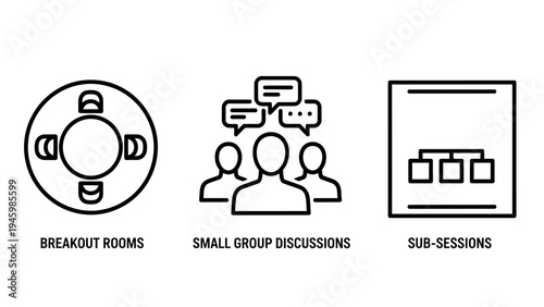 Meeting collaboration icons: breakout rooms, small group discussions & sub-sessions for conferences & teamwork