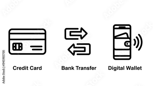 Digital payment methods icons set representing credit card bank transfer and mobile wallet transactions
