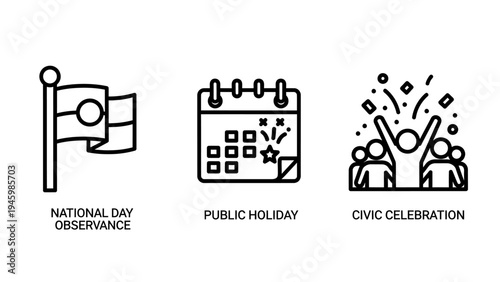 National day observance and public holiday celebration icons set with flag calendar and joyful people with confetti