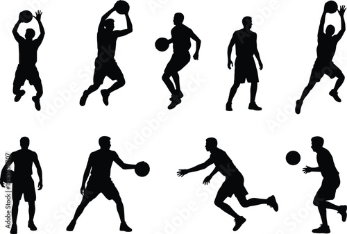 Basketball player silhouettes set showing dribbling, jumping, passing and shooting actions isolated on white background, sports athlete collection vector illustration