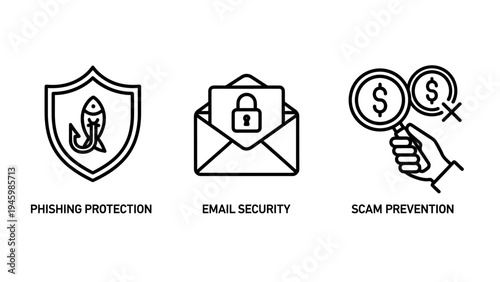 Cybersecurity and anti fraud icon set for phishing protection email security and scam prevention concepts