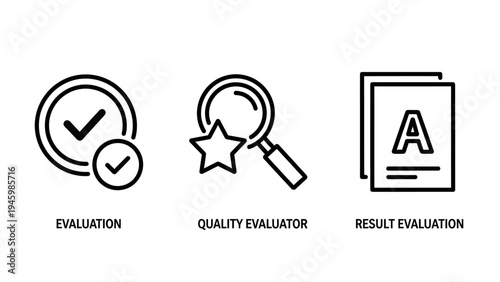 Professional business evaluation icons representing quality assessment result tracking and performance review