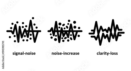 Digital audio signal noise and clarity loss icons illustrating data interference waveform distortion and frequency static