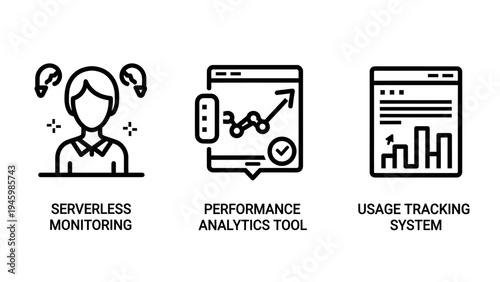 System performance monitoring and usage tracking icons for serverless cloud architecture and analytics