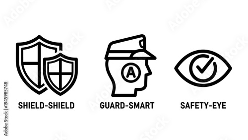 Professional security and protection icon set featuring shield guard and safety eye monitoring symbols for privacy branding