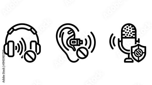 Audio privacy and sound protection icons featuring mute headphones ear plugs and shielded microphone recording safety