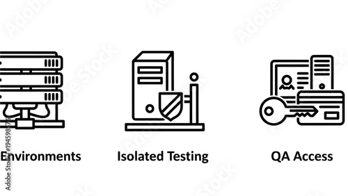 It software testing and quality assurance icon set representing server environments and secure qa access
