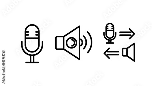 Audio communication icon set featuring microphone speaker and voice sound input output elements