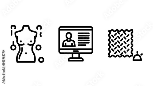 Fashion industry and textile design icon set with tailor mannequin computer editing and fabric samples